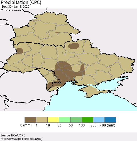 Ukraine, Moldova and Belarus Precipitation (CPC) Thematic Map For 12/30/2019 - 1/5/2020