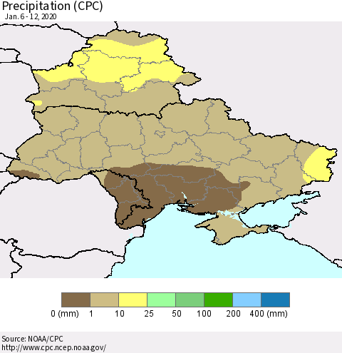 Ukraine, Moldova and Belarus Precipitation (CPC) Thematic Map For 1/6/2020 - 1/12/2020