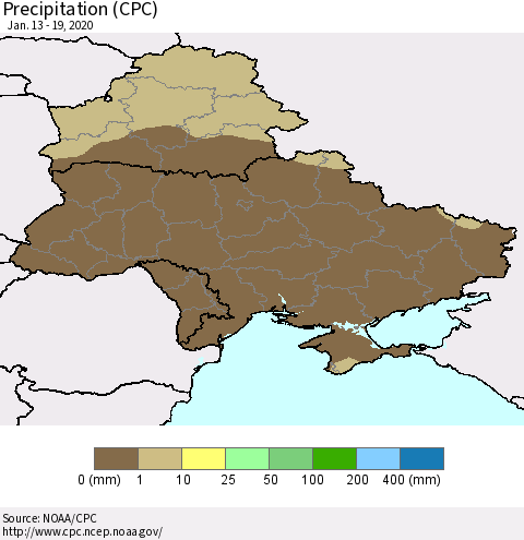Ukraine, Moldova and Belarus Precipitation (CPC) Thematic Map For 1/13/2020 - 1/19/2020
