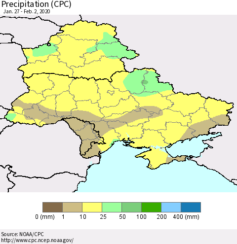 Ukraine, Moldova and Belarus Precipitation (CPC) Thematic Map For 1/27/2020 - 2/2/2020