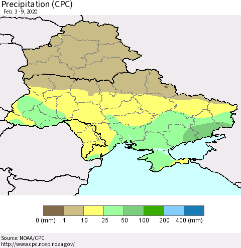 Ukraine, Moldova and Belarus Precipitation (CPC) Thematic Map For 2/3/2020 - 2/9/2020