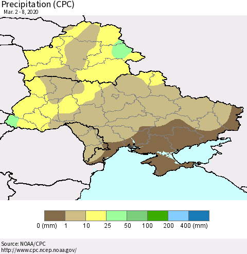 Ukraine, Moldova and Belarus Precipitation (CPC) Thematic Map For 3/2/2020 - 3/8/2020