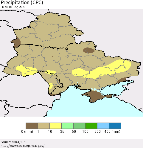 Ukraine, Moldova and Belarus Precipitation (CPC) Thematic Map For 3/16/2020 - 3/22/2020