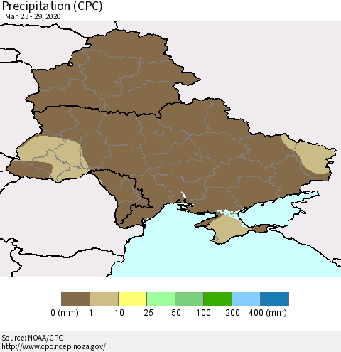 Ukraine, Moldova and Belarus Precipitation (CPC) Thematic Map For 3/23/2020 - 3/29/2020