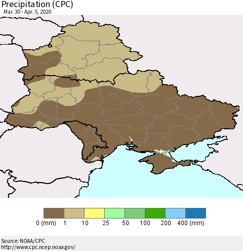 Ukraine, Moldova and Belarus Precipitation (CPC) Thematic Map For 3/30/2020 - 4/5/2020