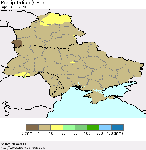 Ukraine, Moldova and Belarus Precipitation (CPC) Thematic Map For 4/13/2020 - 4/19/2020