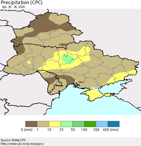 Ukraine, Moldova and Belarus Precipitation (CPC) Thematic Map For 4/20/2020 - 4/26/2020