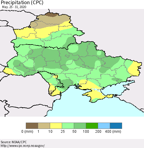 Ukraine, Moldova and Belarus Precipitation (CPC) Thematic Map For 5/25/2020 - 5/31/2020