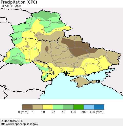Ukraine, Moldova and Belarus Precipitation (CPC) Thematic Map For 6/8/2020 - 6/14/2020