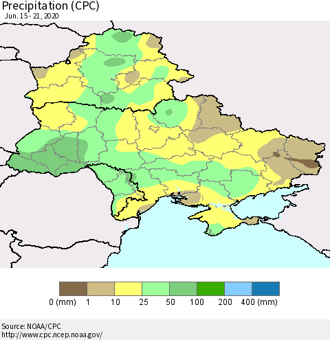 Ukraine, Moldova and Belarus Precipitation (CPC) Thematic Map For 6/15/2020 - 6/21/2020