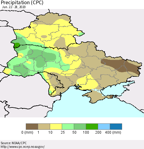 Ukraine, Moldova and Belarus Precipitation (CPC) Thematic Map For 6/22/2020 - 6/28/2020