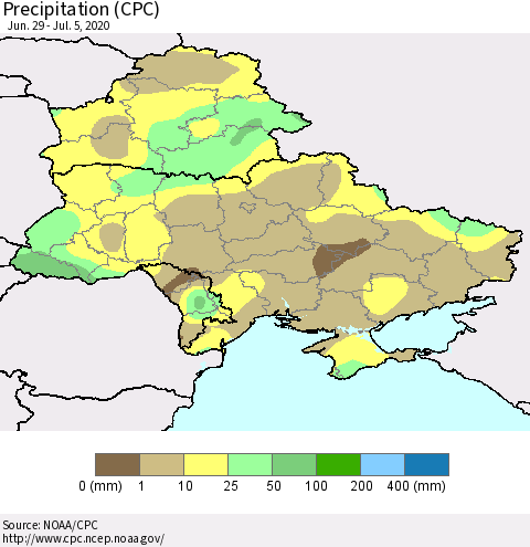 Ukraine, Moldova and Belarus Precipitation (CPC) Thematic Map For 6/29/2020 - 7/5/2020