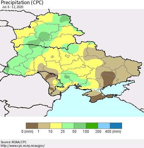 Ukraine, Moldova and Belarus Precipitation (CPC) Thematic Map For 7/6/2020 - 7/12/2020