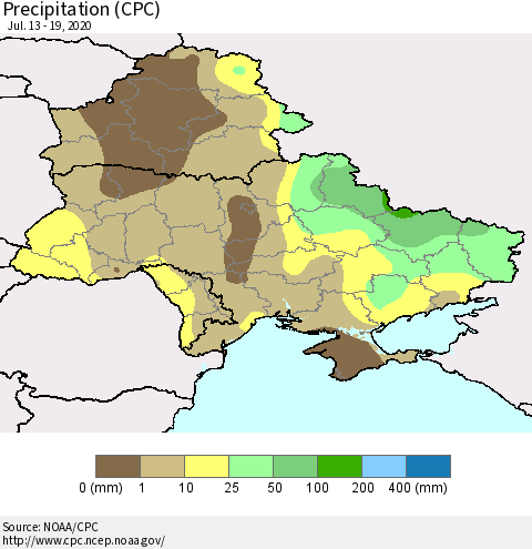 Ukraine, Moldova and Belarus Precipitation (CPC) Thematic Map For 7/13/2020 - 7/19/2020