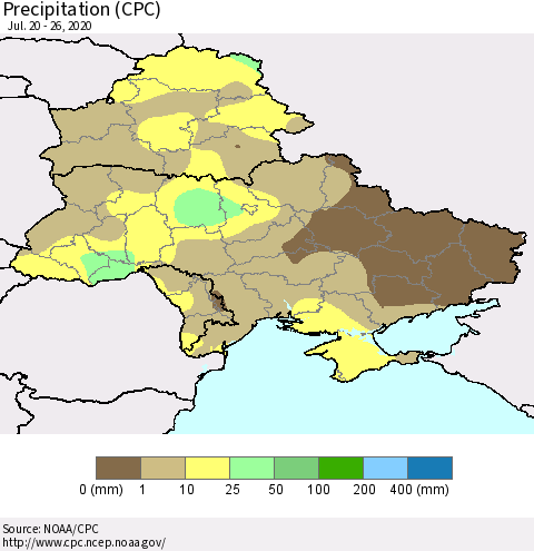 Ukraine, Moldova and Belarus Precipitation (CPC) Thematic Map For 7/20/2020 - 7/26/2020
