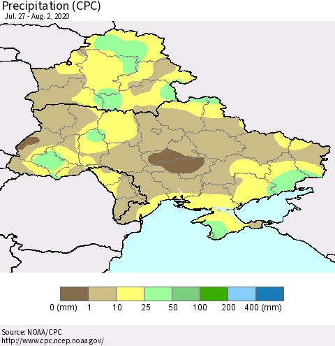 Ukraine, Moldova and Belarus Precipitation (CPC) Thematic Map For 7/27/2020 - 8/2/2020