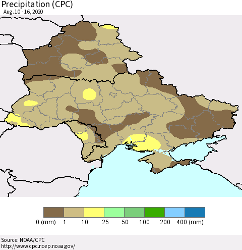 Ukraine, Moldova and Belarus Precipitation (CPC) Thematic Map For 8/10/2020 - 8/16/2020