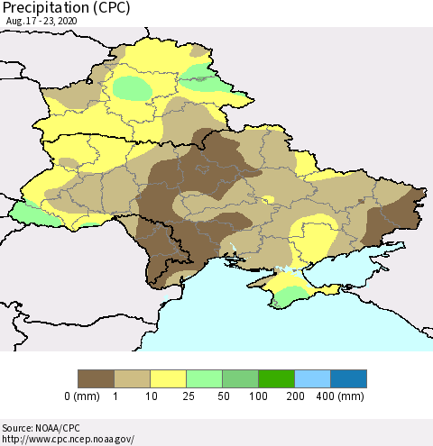 Ukraine, Moldova and Belarus Precipitation (CPC) Thematic Map For 8/17/2020 - 8/23/2020