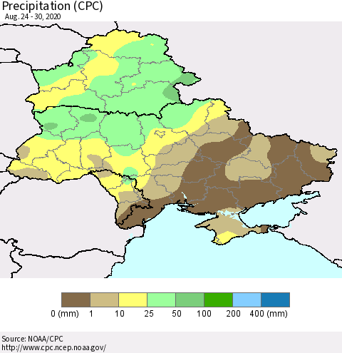 Ukraine, Moldova and Belarus Precipitation (CPC) Thematic Map For 8/24/2020 - 8/30/2020