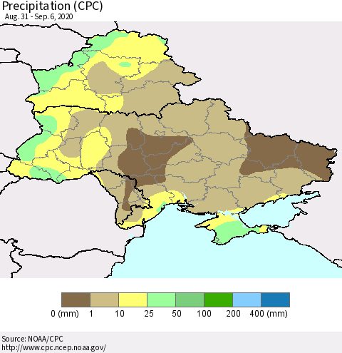Ukraine, Moldova and Belarus Precipitation (CPC) Thematic Map For 8/31/2020 - 9/6/2020