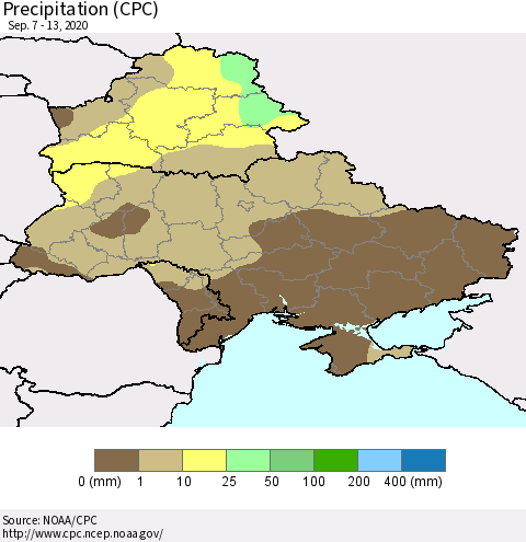 Ukraine, Moldova and Belarus Precipitation (CPC) Thematic Map For 9/7/2020 - 9/13/2020