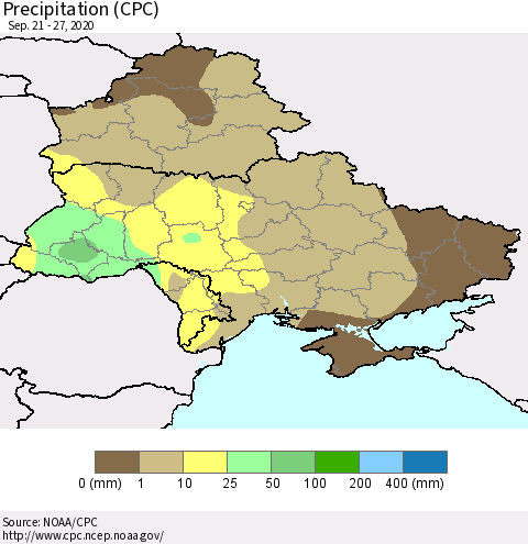 Ukraine, Moldova and Belarus Precipitation (CPC) Thematic Map For 9/21/2020 - 9/27/2020