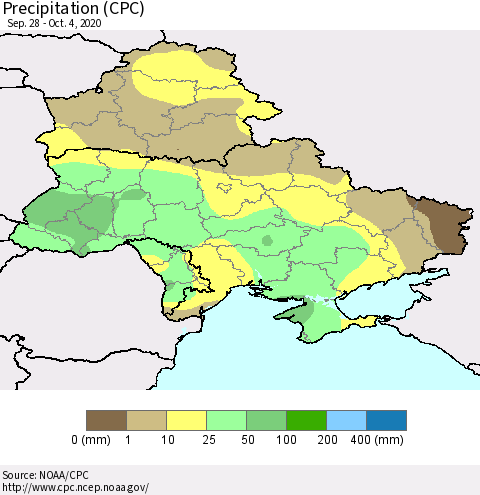 Ukraine, Moldova and Belarus Precipitation (CPC) Thematic Map For 9/28/2020 - 10/4/2020