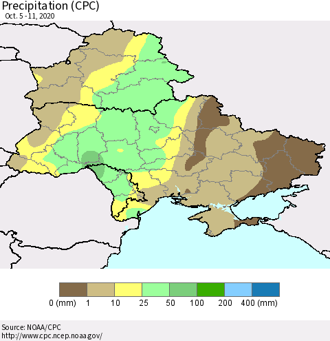 Ukraine, Moldova and Belarus Precipitation (CPC) Thematic Map For 10/5/2020 - 10/11/2020