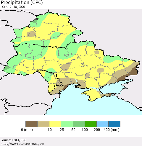 Ukraine, Moldova and Belarus Precipitation (CPC) Thematic Map For 10/12/2020 - 10/18/2020