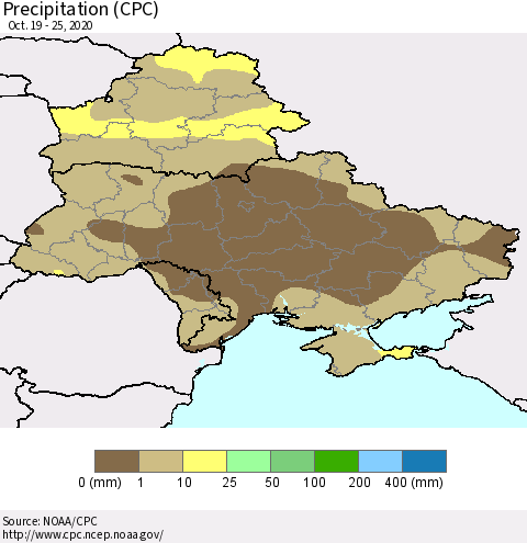 Ukraine, Moldova and Belarus Precipitation (CPC) Thematic Map For 10/19/2020 - 10/25/2020