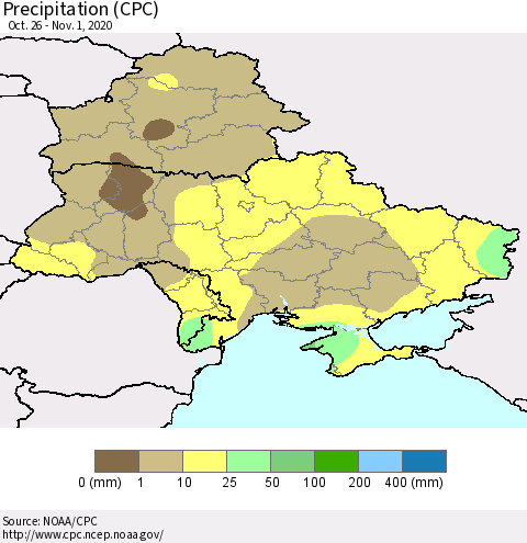 Ukraine, Moldova and Belarus Precipitation (CPC) Thematic Map For 10/26/2020 - 11/1/2020