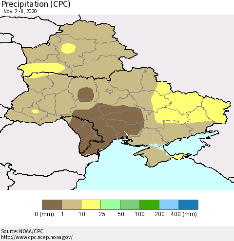 Ukraine, Moldova and Belarus Precipitation (CPC) Thematic Map For 11/2/2020 - 11/8/2020