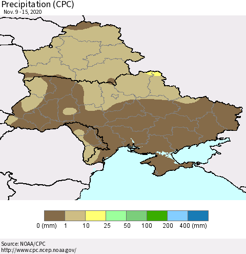 Ukraine, Moldova and Belarus Precipitation (CPC) Thematic Map For 11/9/2020 - 11/15/2020