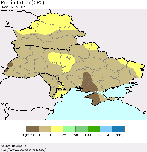 Ukraine, Moldova and Belarus Precipitation (CPC) Thematic Map For 11/16/2020 - 11/22/2020