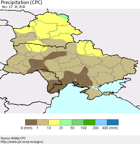 Ukraine, Moldova and Belarus Precipitation (CPC) Thematic Map For 11/23/2020 - 11/29/2020