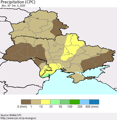 Ukraine, Moldova and Belarus Precipitation (CPC) Thematic Map For 11/30/2020 - 12/6/2020