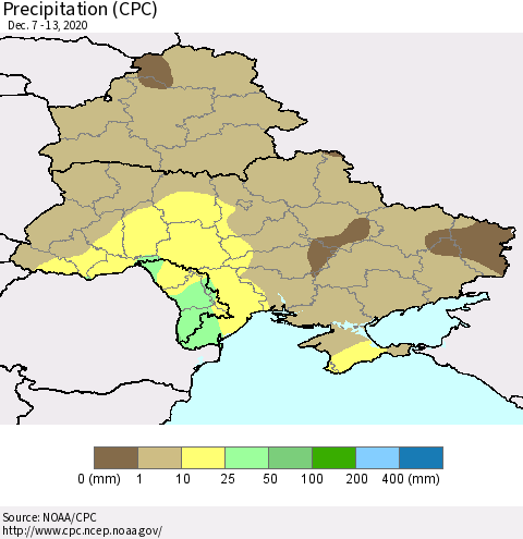 Ukraine, Moldova and Belarus Precipitation (CPC) Thematic Map For 12/7/2020 - 12/13/2020