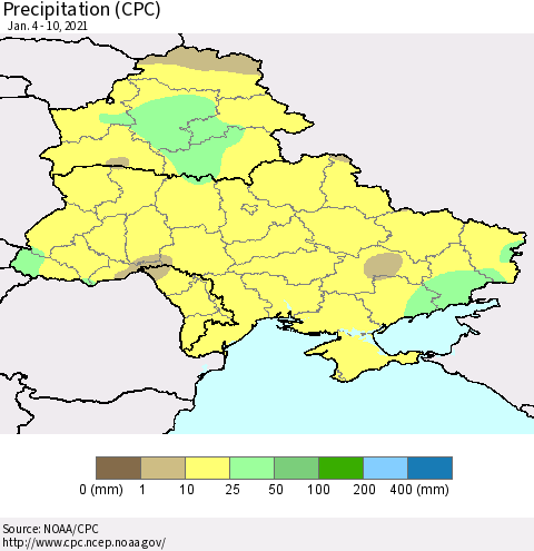 Ukraine, Moldova and Belarus Precipitation (CPC) Thematic Map For 1/4/2021 - 1/10/2021