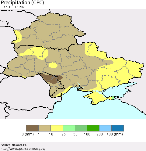 Ukraine, Moldova and Belarus Precipitation (CPC) Thematic Map For 1/11/2021 - 1/17/2021