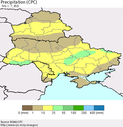 Ukraine, Moldova and Belarus Precipitation (CPC) Thematic Map For 2/1/2021 - 2/7/2021