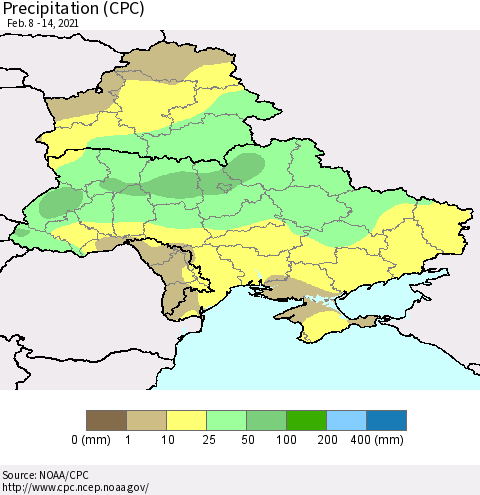 Ukraine, Moldova and Belarus Precipitation (CPC) Thematic Map For 2/8/2021 - 2/14/2021