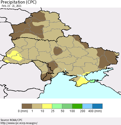 Ukraine, Moldova and Belarus Precipitation (CPC) Thematic Map For 2/15/2021 - 2/21/2021