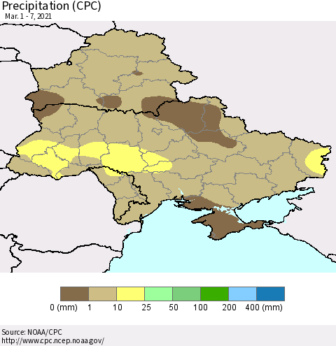 Ukraine, Moldova and Belarus Precipitation (CPC) Thematic Map For 3/1/2021 - 3/7/2021