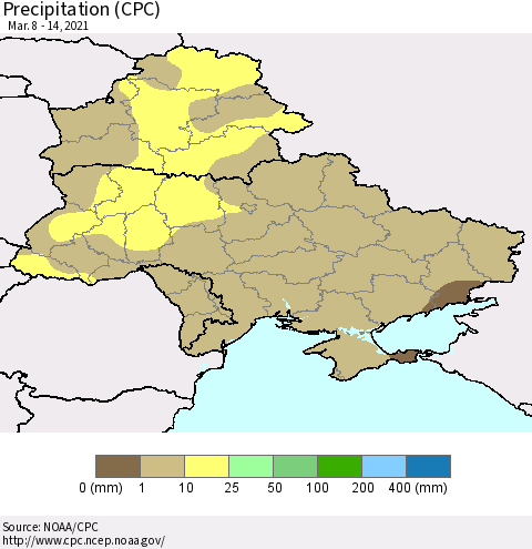 Ukraine, Moldova and Belarus Precipitation (CPC) Thematic Map For 3/8/2021 - 3/14/2021
