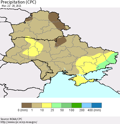 Ukraine, Moldova and Belarus Precipitation (CPC) Thematic Map For 3/22/2021 - 3/28/2021