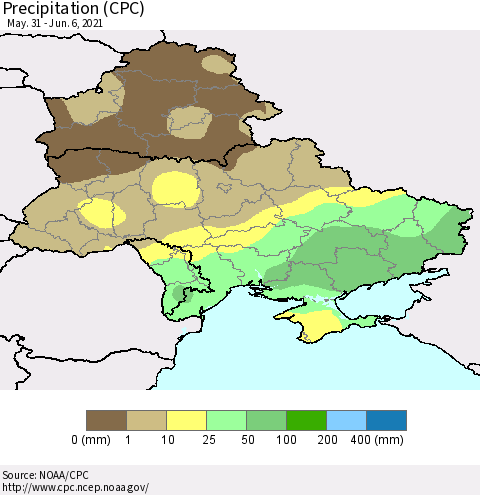 Ukraine, Moldova and Belarus Precipitation (CPC) Thematic Map For 5/31/2021 - 6/6/2021
