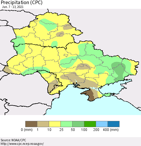 Ukraine, Moldova and Belarus Precipitation (CPC) Thematic Map For 6/7/2021 - 6/13/2021