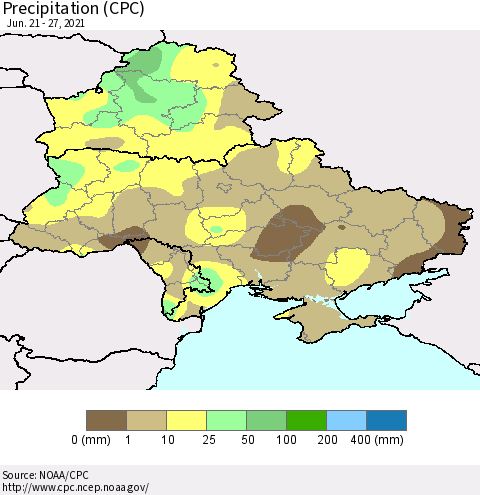 Ukraine, Moldova and Belarus Precipitation (CPC) Thematic Map For 6/21/2021 - 6/27/2021