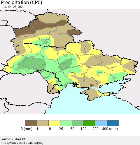 Ukraine, Moldova and Belarus Precipitation (CPC) Thematic Map For 7/19/2021 - 7/25/2021