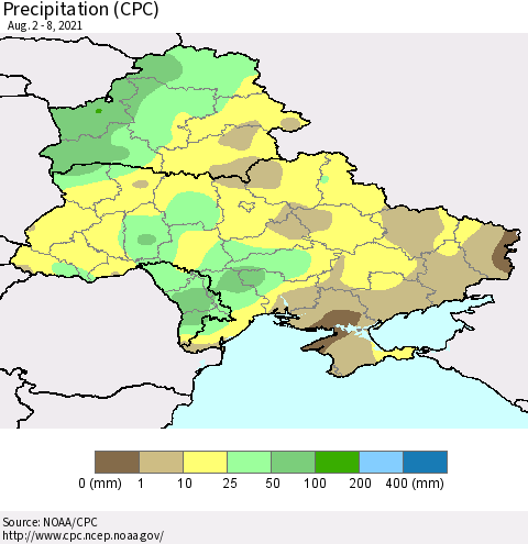 Ukraine, Moldova and Belarus Precipitation (CPC) Thematic Map For 8/2/2021 - 8/8/2021